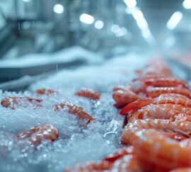 Close-up real-world photography capturing the serene beauty and tranquility of frozen seafood processing for global markets